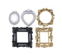 Mini Vintage Frames - 5 Piece Elegant Photo Tiny Antique Decoration | Ornate Baroque Style Picture Frame, Resin Casting Photography Multi Shape Set, Gold Silver Finish for Jewelry Display