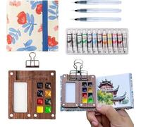 Mini Watercolor Paint Set,PocketArtist Travel Set,Miniature Tiny Compact Pocket Water Color Palette,Painting Travel Kit with Sketchbook & Acrylic 8 Grid Paint Box (Red Flower-8 Grid)