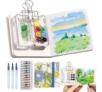 Mini Watercolor Paint Set,PocketArtist Travel Set,Miniature Tiny Compact Pocket Water Color Palette,Painting Travel Kit with Sketchbook & Acrylic 8 Grid Paint Box (Blue Flower-8 Grid)