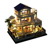 Miniature Doll House Kit | Wood Cloth 9.5x14.2x9.5cm DIY Villa Model with LED Lights String Lights Gift Box | 3D Wooden House Assembly Craft for Teens Adults | Home Decor Puzzle Toy