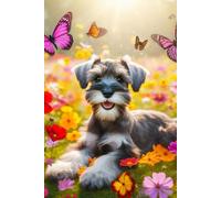 Miniature Schnauzer Puppy in a field of colorful flowers Notebook - Large 6 x 9 inches - 127 Pages