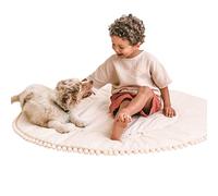 MINICAMP Alfombra Acolchada para Niños - Tapete de 115 cm Ancho - Suave y Redondo - 100% Algodón Oeko-Tex® - Decorada con Pompones - Ideal para Jugar en el Suelo y Teepees (Beige)