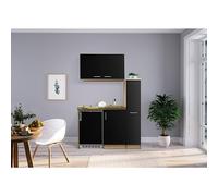Minicocina Levin (Ancho: 130 cm, Negro, Con placa vitrocerámica, frigorífico y fregadero empotrado)