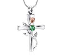 Minicremation Collar de urna de cruz para cenizas, piedra natal, rosa, flor de cremación, joyería para mujer, colgante conmemorativo de cenizas, Acero inoxidable Zirconia cúbica Piedra, Circón