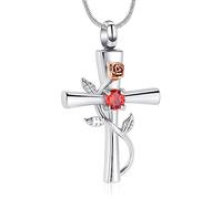 Minicremation Collar de urna de cruz para cenizas, piedra natal, rosa, flor de cremación, joyería para mujer, colgante conmemorativo de cenizas, Acero inoxidable Zirconia cúbica Piedra, Circón