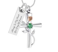 Minicremation Collar de urna de cruz para cenizas, piedra natal, rosa, flor de cremación, joyería para mujer, colgante conmemorativo de cenizas, Acero inoxidable