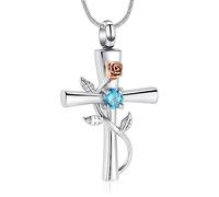 Minicremation Collar de urna de cruz para cenizas, piedra natal, rosa, flor de cremación, joyería para mujeres niñas, recuerdo conmemorativo, colgante de cenizas, Acero inoxidable Zirconia cúbica