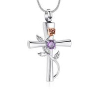 Minicremation Collar de Urna en Cruz para Cenizas con Piedra Natal Rosa Flor Joyería de Cremación para Mujeres Niñas Recuerdo Memorial Colgante de Cenizas, Acero inoxidable Zirconia cúbica Piedra