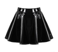 Minifalda acampanada de charol para mujer con cintura elástica y diseño plisado de línea A, cremallera invisible, adecuada para baile y club (S negro)