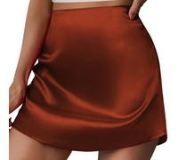 Minifalda de satén para mujer, color liso, corte entallado, falda corta acampanada, de seda, cintura alta, con cremallera trasera, café, S