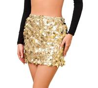 Minifalda Elegante con Lentejuelas para Mujer, Parte Delantera Cruzada, Detalle de Giro, Abertura Lateral y Cremallera Lateral Oculta (FR/ES, Letras, M, Regular, Regular, Dorado)