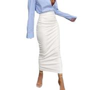 Minifalda negra elástica de cintura alta falda de cuero con aberturas que abraza la cadera estilo punk para mujeres damas para invierno, Blanco, XL