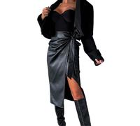 Minifalda sexy corta de cintura alta de cuero con aberturas que abraza la cadera, estilo punk para mujer, gris oscuro, elegante, Negro , XL