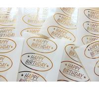 Minilabel Paquete de 24 pegatinas de feliz cumpleaños dorado brillante y plateado brillante sobre transparente. Etiquetas adhesivas para manualidades, tarjetas y decoración (oro brillante sobre trans