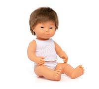 Miniland 31170 - Muñeco bebé Caucásico Niño Down de Vinilo Suave de 38cm con rasgos étnicos y sexuado para el Aprendizaje de la Diversidad con Suave y Agradable Perfume. Presentado en Caja de Regalo