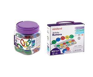 Miniland 31711 Tarro con 60 Piezas para encadenar [Importado de Alemania] + Activity Button-Botones para Coser, Multicolor (31791)
