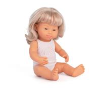 Miniland Dolls: Muñeca bebé Caucásica Niña con Síndrome Down Rubia de Vinilo Suave de 38cm. Presentado con Ropa Interior en Caja de Regalo (31264)