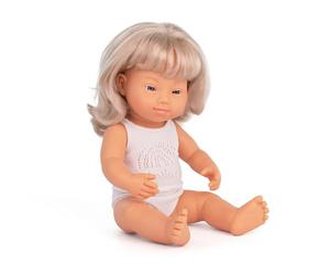 Miniland Dolls: Muñeca bebé Caucásica Niña con Síndrome Down Rubia de Vinilo Suave de 38cm. Presentado con Ropa Interior en Caja de Regalo (31264)