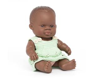 Miniland Dolls Muñeca bebé de 21cm de Origen Africano, Fabricada en España de Forma Tradicional, con Vestido Verde.