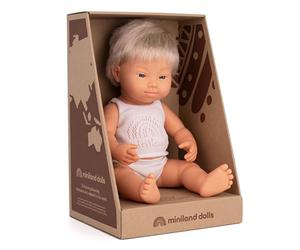 Miniland Dolls: Muñeco bebé Caucásico Niño con Síndrome Down Rubio de Vinilo Suave de 38cm. Presentado con Ropa Interior en Caja de Regalo (31263)