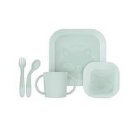 Miniland Meal Set Square Mint. Vajilla cuadrada que incluye plato, bol, vaso y cubiertos flexibles, fabricada en España con material de alta resistencia y diseñada para todos los niños.