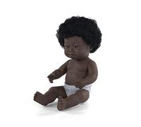 Miniland - Muñeca bebé Africana Niña Síndrome de Down. Vinilo Suave de 38cm. Rasgos étnicos y sexuado para el Aprendizaje de la Diversidad. Ligero y Agradable Perfume. Colección de Diferentes etnia