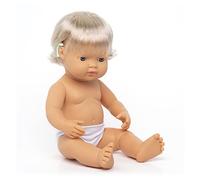 Miniland Muñeca bebé caucásica niña con implante coclear de 38cm en Bolsa Dolls