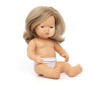 Miniland - Muñeca Bebé con Vitíligo, Muñeca 38cm Inclusiva Caucásica Rubia Oscuro, Vinilo Suave, Muñeca Artesanal Fabricada en España