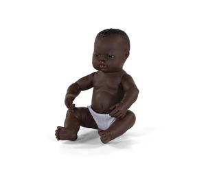 Miniland - Muñeca bebé recién Nacido Africana Niña de Vinilo Suave de 40cm con rasgos étnicos y sexuado para el Aprendizaje de la Diversidad con Suave y Agradable Perfume.