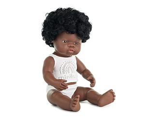 Miniland - Muñeco bebé Africana Niña de Vinilo Suave de 38cm con rasgos étnicos y sexuado para el Aprendizaje de la Diversidad con Suave y Agradable Perfume. Presentado en Caja de Regalo.