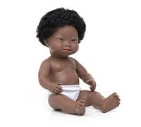 Miniland - Muñeco bebé Africano Niño Síndrome de Down. Vinilo Suave de 38cm. Rasgos étnicos y sexuado para el Aprendizaje de la Diversidad. Ligero y Agradable Perfume. Colección de Diferentes etnia
