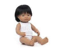 Miniland - Muñeco bebé Latinoamericano Niño de vinilo suave de 38cm con rasgos étnicos y sexuado para el aprendizaje de la diversidad con suave y agradable perfume. Presentado en caja de regalo.