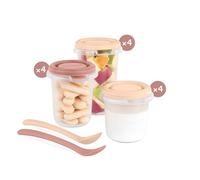 Miniland - Pack de 12 herméticos graduados (4x 200ml, 4x 250ml y 4x 330ml) y 2 cucharas, seguros y aptos para lavavajillas, microondas y congelador. Set 12 tupperware para bebes (Valencia)