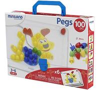 Miniland- Pegs 20 mm (100 Piezas) -Primary Colors Divertido Juego de mosaicos. Incluye 1 bandeja, 100 Pegs y 6 fichas de cartón (31806)