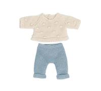 Miniland Dolls: Conjunto de ropita de Punto, Fabricada con Materiales reciclados, para muñeco bebé de 21cm. Modelo: Jersey con topitos Blanco y pantalón Azul.