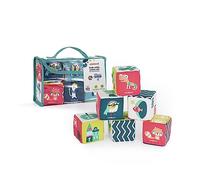 Miniland Set de Cubos blanditos con sonajero para bebé. Juego de estimulación sensorial para niños de 0 a 6 Meses. Colección Feel to Learn.