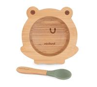 Miniland Wooden Bowl Frog. Cuenco BLW de madera de bambú certificada FSC con ventosa y con cuchara con punta de silicona, Natural y verde, 89470