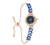 MINILUJIA Elegante reloj de pulsera de lujo para mujer con esfera dorada pequeña, hojas de olivo verde brillante, diamantes de imitación, correa de reloj analógico, delgada, correa ajustable, Azul