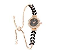 MINILUJIA Elegante reloj de pulsera de lujo para mujer con esfera dorada pequeña, hojas de olivo verde brillante, diamantes de imitación, correa de reloj analógico, delgada, correa ajustable, Negro