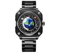MINILUJIA Reloj de pulsera creativo con diseño de mapamundi para hombre, resistente al agua hasta 30 m, con esfera cuadrada giratoria y esfera cuadrada, con caja de regalo, Negro Stainless steel band,