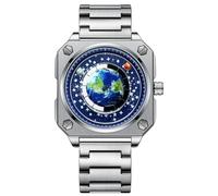 MINILUJIA Reloj de pulsera creativo con diseño de mapamundi para hombre, resistente al agua hasta 30 m, con esfera cuadrada giratoria y esfera cuadrada, con caja de regalo, Banda de acero inoxidable
