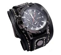 MINILUJIA Reloj de pulsera de cuarzo hecho a mano, estilo punk hip-hop, gótico, ancho, de piel sintética, esfera redonda, esfera grande, negro y marrón, Negro -, Vintage Punk Hip-hop