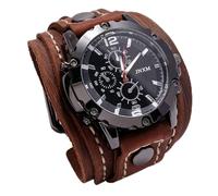 MINILUJIA Reloj de pulsera de cuarzo hecho a mano, estilo punk hip-hop, gótico, ancho, de piel sintética, esfera redonda, esfera grande, negro y marrón, Marrón, Vintage Punk Hip-hop