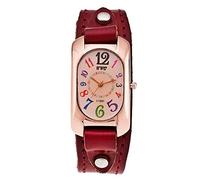 MINILUJIA Reloj de pulsera de cuero para mujer, de cuarzo, cuadrado dorado, simple, casual, vintage, con correa de cuero suave para mujer, Rojo vino, Vintage Simple