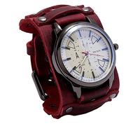 MINILUJIA Reloj de pulsera hecho a mano para hombre, estilo vintage, punk, hip-hop, gótico, ancho, piel sintética, esfera redonda, cuarzo, esfera grande, color negro y marrón, Rojo -, Vintage Punk