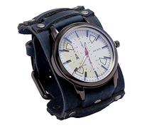 MINILUJIA Reloj de pulsera hecho a mano para hombre, estilo vintage, punk, hip-hop, gótico, ancho, piel sintética, esfera redonda, cuarzo, esfera grande, color negro y marrón, Azul, Vintage Punk