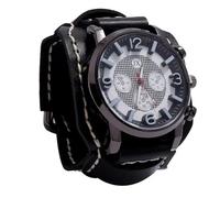 MINILUJIA Reloj de pulsera hecho a mano para hombre, estilo vintage, punk, hip-hop, gótico, ancho, piel sintética, esfera redonda, cuarzo, esfera grande, color negro y marrón, Negro -, Vintage
