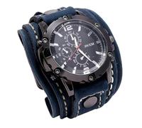 MINILUJIA Reloj de pulsera hecho a mano para hombre, estilo vintage, punk, hip-hop, gótico, ancho, piel sintética, esfera redonda, cuarzo, esfera grande, color negro y marrón, Azul, Vintage