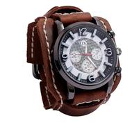 MINILUJIA Reloj de pulsera hecho a mano para hombre, estilo vintage, punk, hip-hop, gótico, ancho, piel sintética, esfera redonda, cuarzo, esfera grande, color negro y marrón, Marrón, Vintage