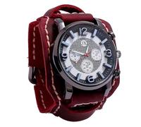 MINILUJIA Reloj de pulsera hecho a mano para hombre, estilo vintage, punk, hip-hop, gótico, ancho, piel sintética, esfera redonda, cuarzo, esfera grande, color negro y marrón, Rojo -, Vintage